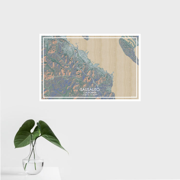 16x24 Sausalito California Map Print Landscape Orientation in Afternoon Style With Tropical Plant Leaves in Water