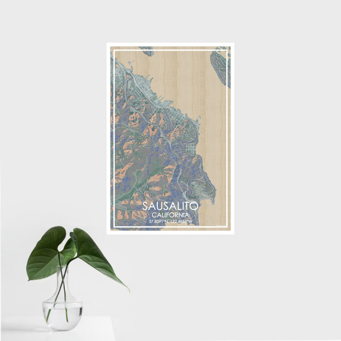 16x24 Sausalito California Map Print Portrait Orientation in Afternoon Style With Tropical Plant Leaves in Water
