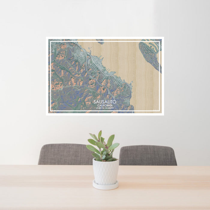 24x36 Sausalito California Map Print Lanscape Orientation in Afternoon Style Behind 2 Chairs Table and Potted Plant