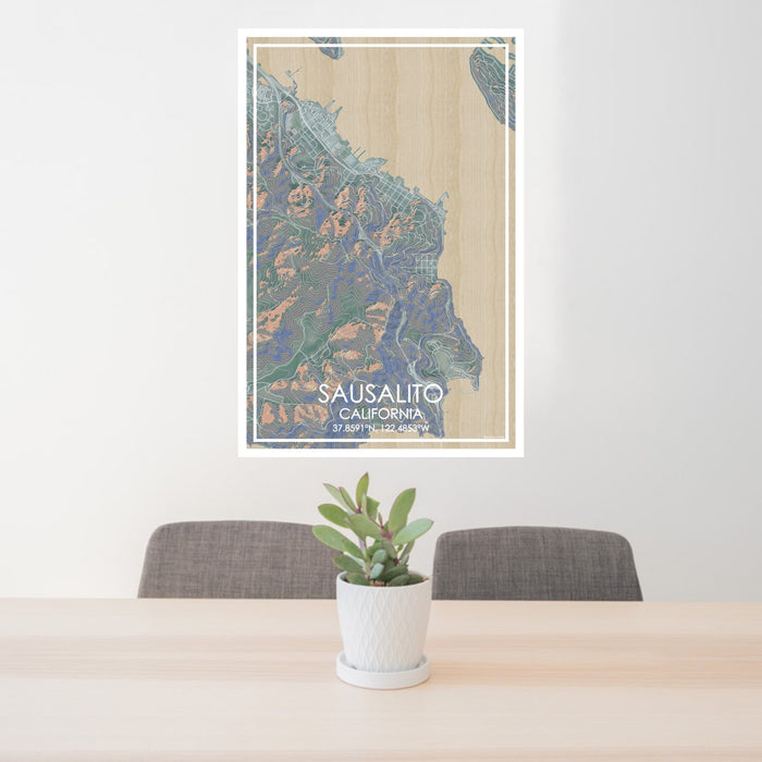 24x36 Sausalito California Map Print Portrait Orientation in Afternoon Style Behind 2 Chairs Table and Potted Plant