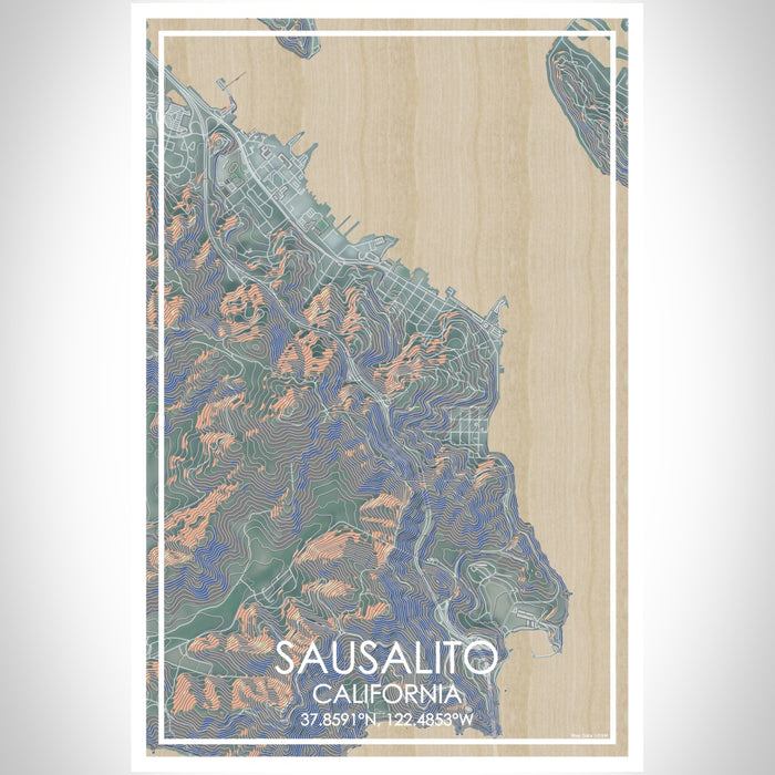 Sausalito California Map Print Portrait Orientation in Afternoon Style With Shaded Background