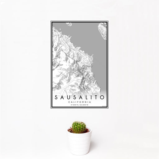 12x18 Sausalito California Map Print Portrait Orientation in Classic Style With Small Cactus Plant in White Planter