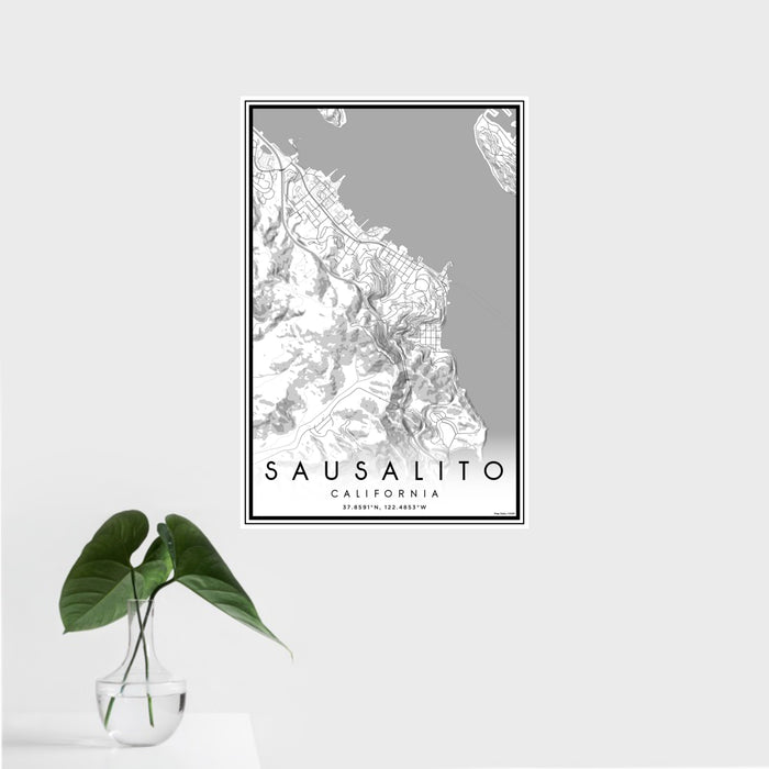 16x24 Sausalito California Map Print Portrait Orientation in Classic Style With Tropical Plant Leaves in Water