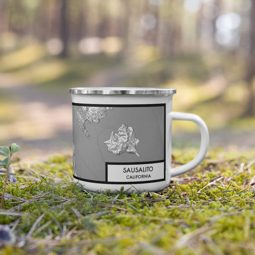 Right View Custom Sausalito California Map Enamel Mug in Classic on Grass With Trees in Background