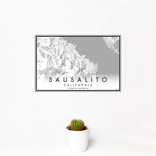 12x18 Sausalito California Map Print Landscape Orientation in Classic Style With Small Cactus Plant in White Planter