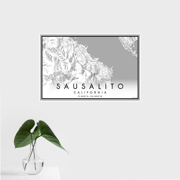 16x24 Sausalito California Map Print Landscape Orientation in Classic Style With Tropical Plant Leaves in Water