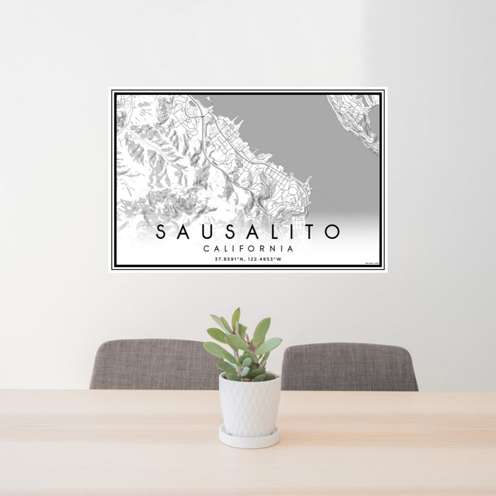 24x36 Sausalito California Map Print Landscape Orientation in Classic Style Behind 2 Chairs Table and Potted Plant