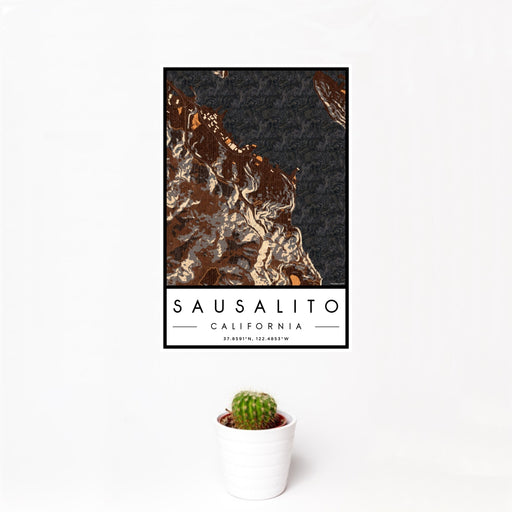12x18 Sausalito California Map Print Portrait Orientation in Ember Style With Small Cactus Plant in White Planter