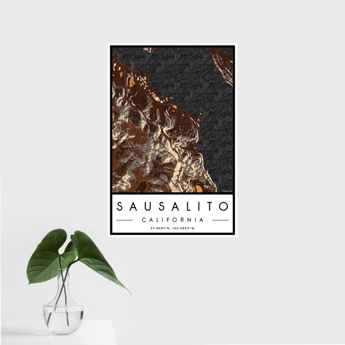 16x24 Sausalito California Map Print Portrait Orientation in Ember Style With Tropical Plant Leaves in Water