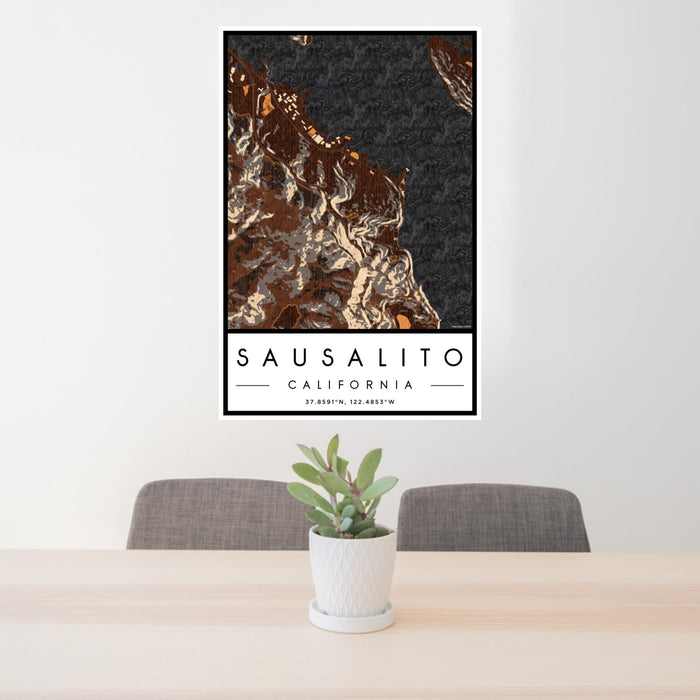 24x36 Sausalito California Map Print Portrait Orientation in Ember Style Behind 2 Chairs Table and Potted Plant