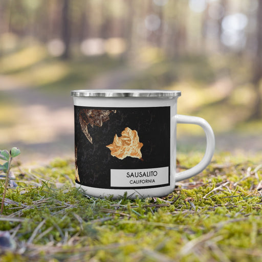 Right View Custom Sausalito California Map Enamel Mug in Ember on Grass With Trees in Background