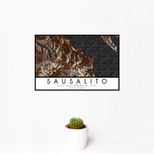 12x18 Sausalito California Map Print Landscape Orientation in Ember Style With Small Cactus Plant in White Planter