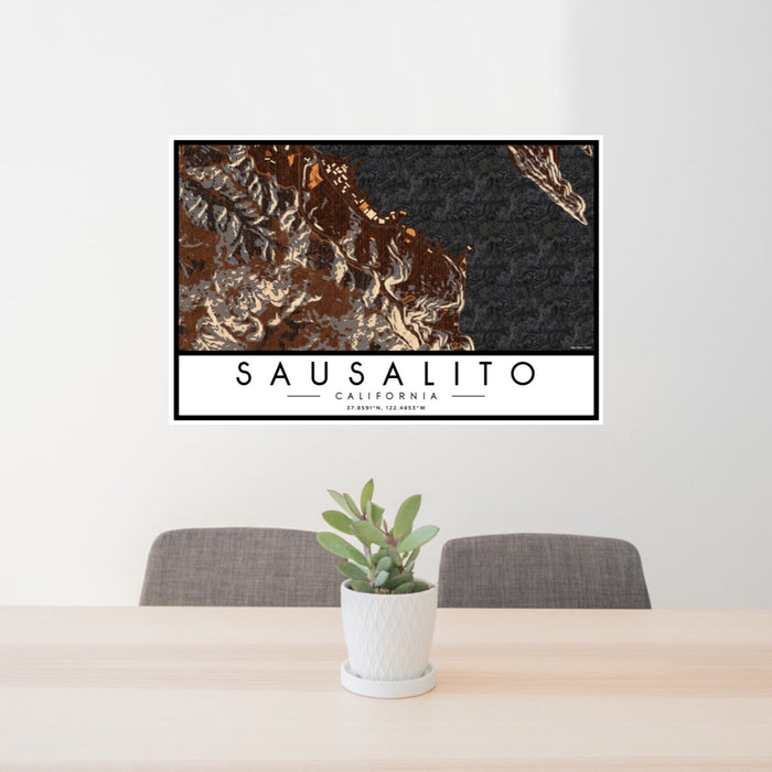 24x36 Sausalito California Map Print Landscape Orientation in Ember Style Behind 2 Chairs Table and Potted Plant