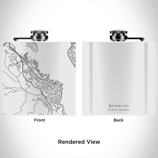 Rendered View of Sausalito California Map Engraving on 6oz Stainless Steel Flask in White