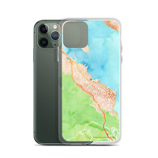 Custom Sausalito California Map Phone Case in Watercolor on Table with Laptop and Plant