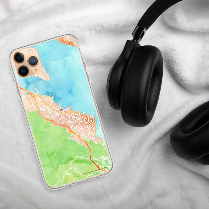 Custom Sausalito California Map Phone Case in Watercolor on Table with Black Headphones
