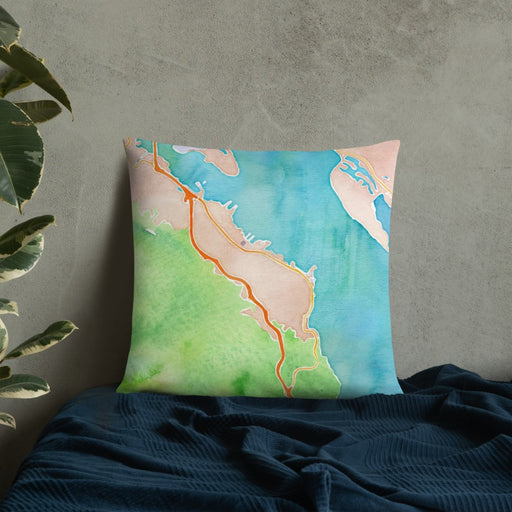 Custom Sausalito California Map Throw Pillow in Watercolor on Bedding Against Wall