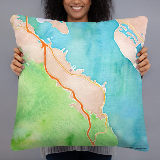 Person holding 22x22 Custom Sausalito California Map Throw Pillow in Watercolor