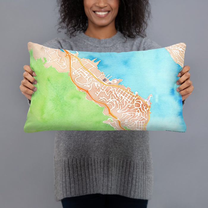 Person holding 20x12 Custom Sausalito California Map Throw Pillow in Watercolor