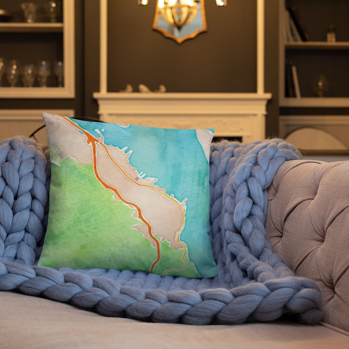 Custom Sausalito California Map Throw Pillow in Watercolor on Cream Colored Couch