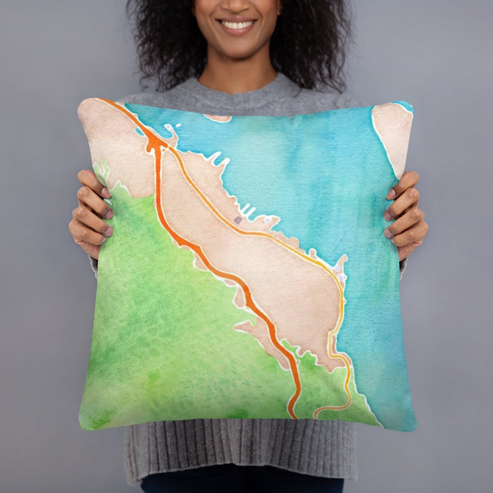Person holding 18x18 Custom Sausalito California Map Throw Pillow in Watercolor