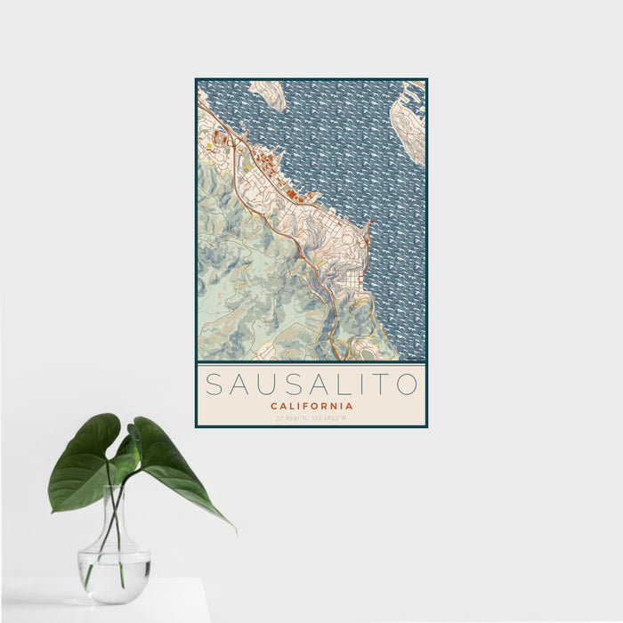 16x24 Sausalito California Map Print Portrait Orientation in Woodblock Style With Tropical Plant Leaves in Water