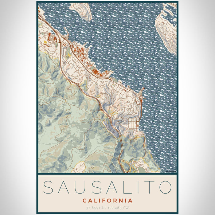 Sausalito California Map Print Portrait Orientation in Woodblock Style With Shaded Background