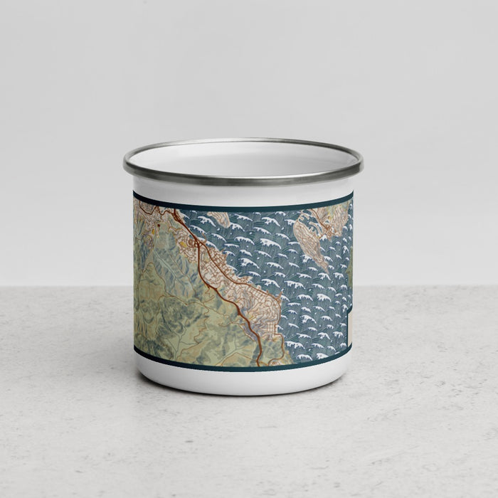 Front View Custom Sausalito California Map Enamel Mug in Woodblock