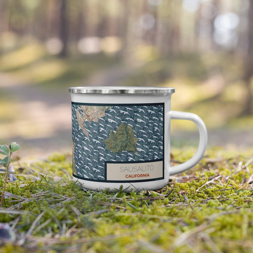 Right View Custom Sausalito California Map Enamel Mug in Woodblock on Grass With Trees in Background