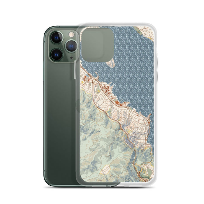 Custom Sausalito California Map Phone Case in Woodblock on Table with Laptop and Plant