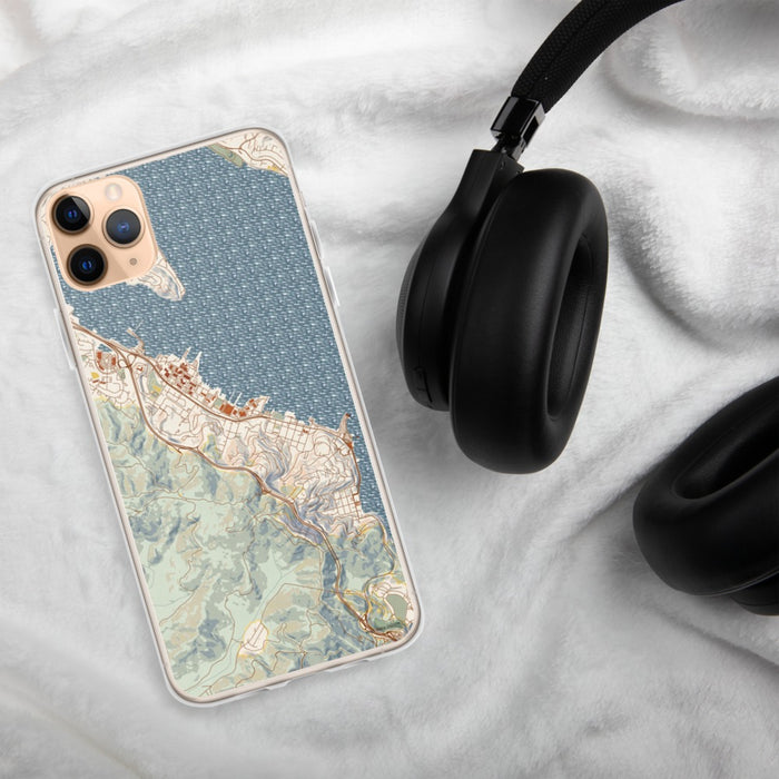 Custom Sausalito California Map Phone Case in Woodblock on Table with Black Headphones