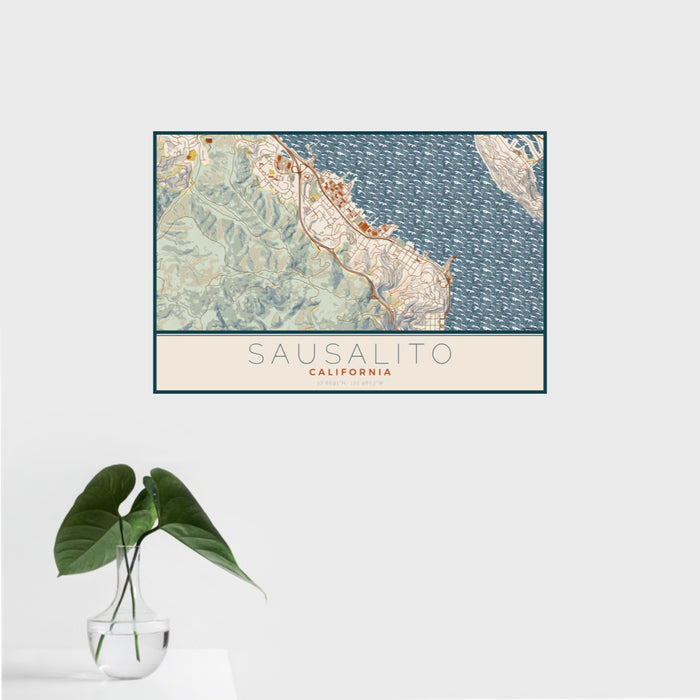 16x24 Sausalito California Map Print Landscape Orientation in Woodblock Style With Tropical Plant Leaves in Water