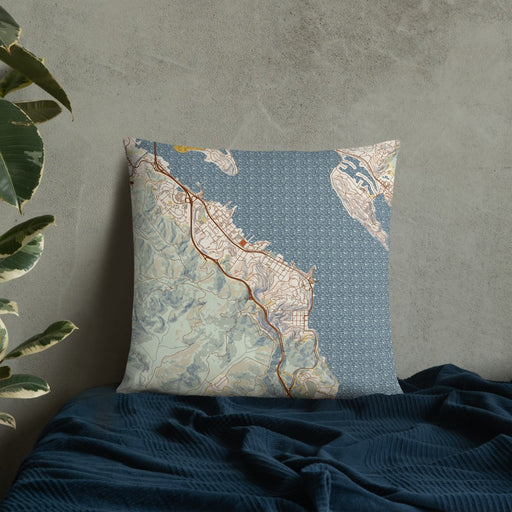 Custom Sausalito California Map Throw Pillow in Woodblock on Bedding Against Wall