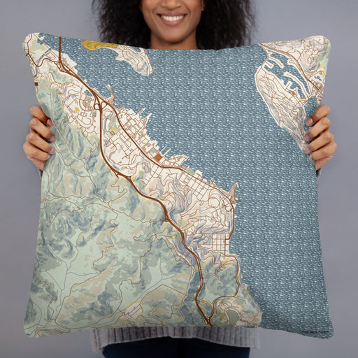 Person holding 22x22 Custom Sausalito California Map Throw Pillow in Woodblock