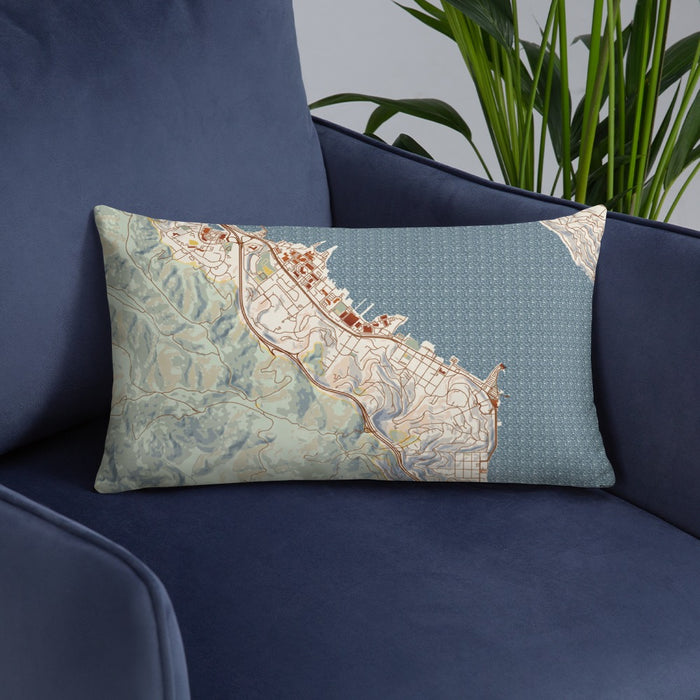 Custom Sausalito California Map Throw Pillow in Woodblock on Blue Colored Chair