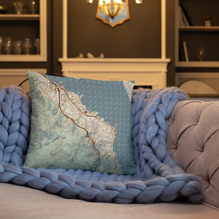 Custom Sausalito California Map Throw Pillow in Woodblock on Cream Colored Couch