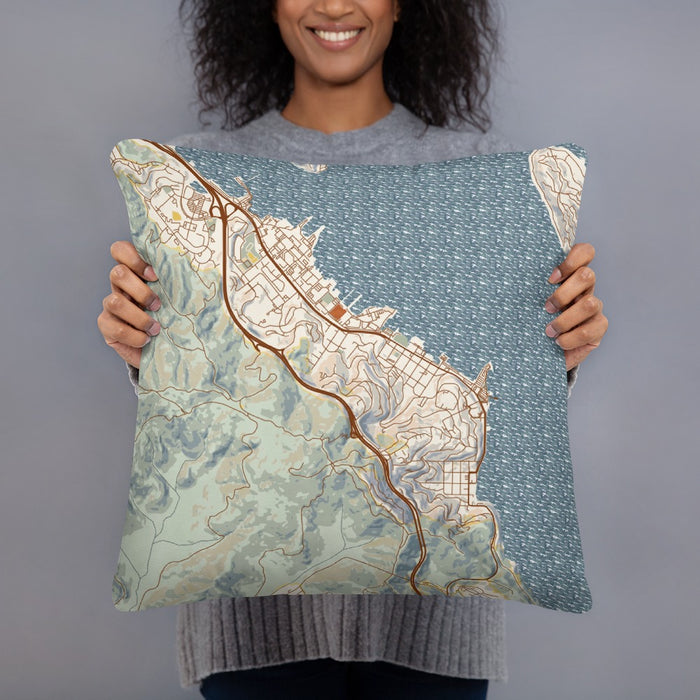 Person holding 18x18 Custom Sausalito California Map Throw Pillow in Woodblock