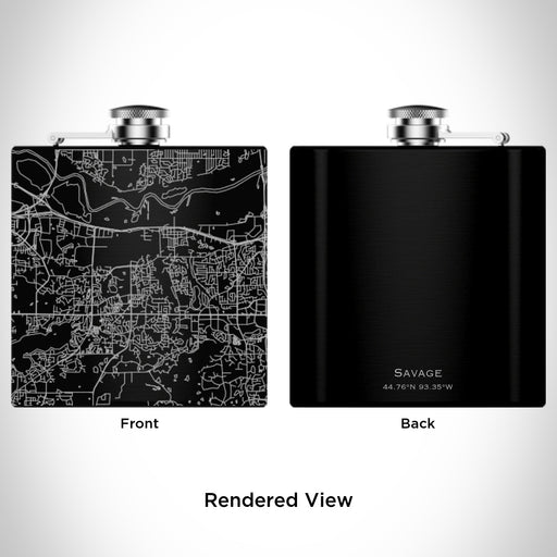 Rendered View of Savage Minnesota Map Engraving on 6oz Stainless Steel Flask in Black