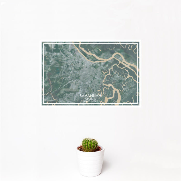 12x18 Savannah Georgia Map Print Landscape Orientation in Afternoon Style With Small Cactus Plant in White Planter