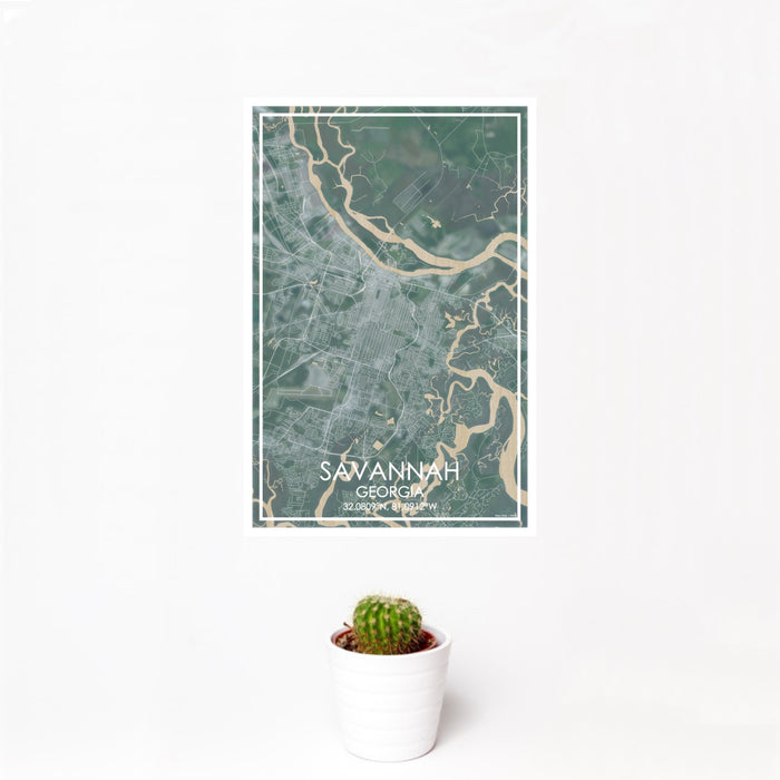 12x18 Savannah Georgia Map Print Portrait Orientation in Afternoon Style With Small Cactus Plant in White Planter