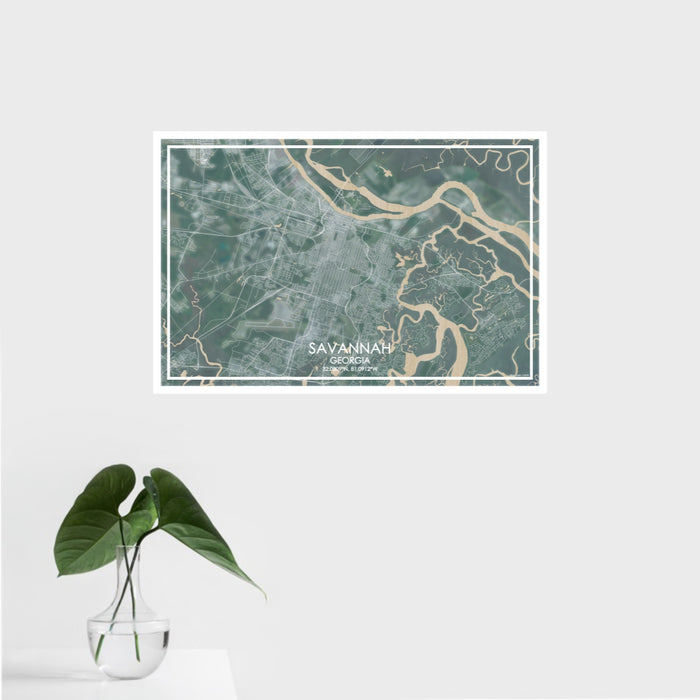 16x24 Savannah Georgia Map Print Landscape Orientation in Afternoon Style With Tropical Plant Leaves in Water