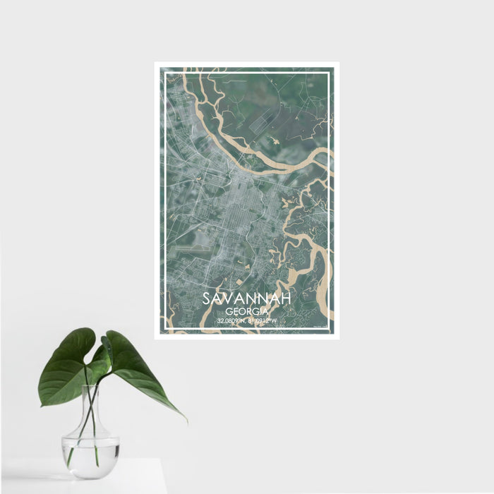 16x24 Savannah Georgia Map Print Portrait Orientation in Afternoon Style With Tropical Plant Leaves in Water