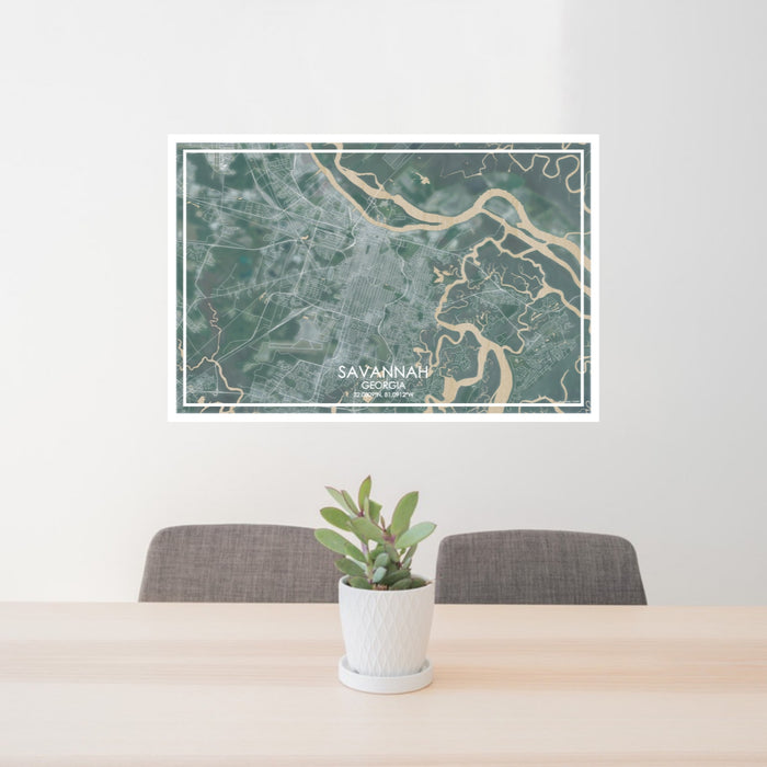 24x36 Savannah Georgia Map Print Lanscape Orientation in Afternoon Style Behind 2 Chairs Table and Potted Plant