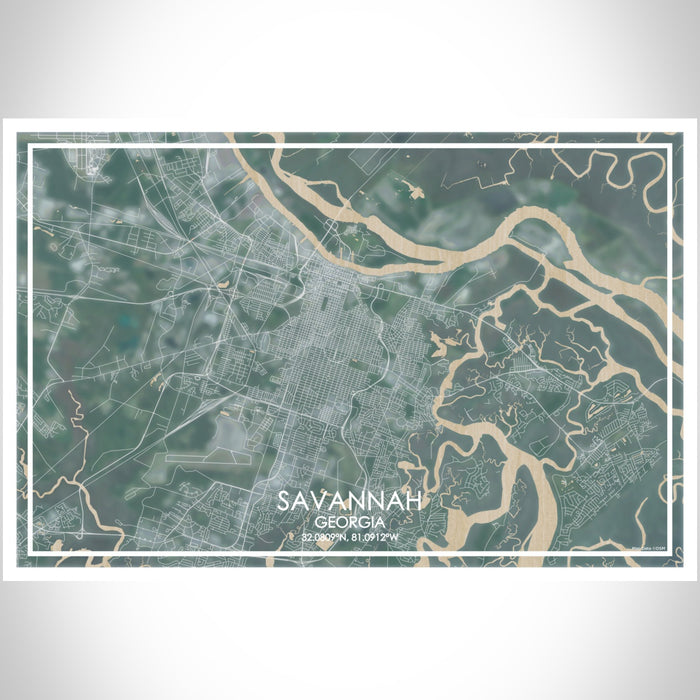 Savannah Georgia Map Print Landscape Orientation in Afternoon Style With Shaded Background