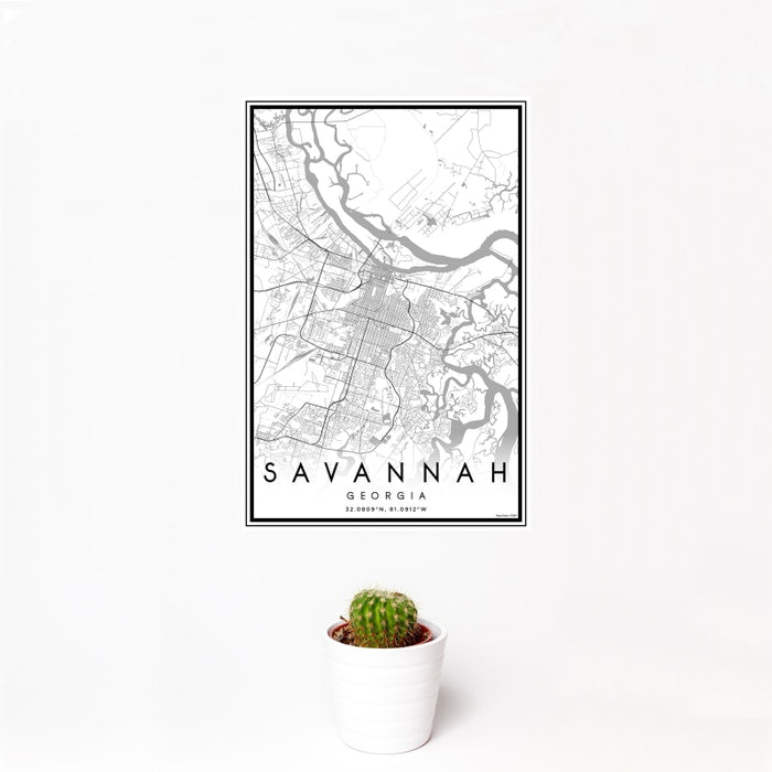 12x18 Savannah Georgia Map Print Portrait Orientation in Classic Style With Small Cactus Plant in White Planter