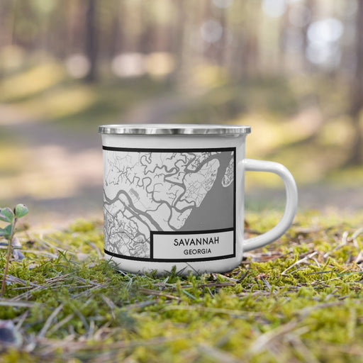 Right View Custom Savannah Georgia Map Enamel Mug in Classic on Grass With Trees in Background