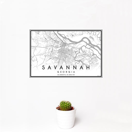 12x18 Savannah Georgia Map Print Landscape Orientation in Classic Style With Small Cactus Plant in White Planter