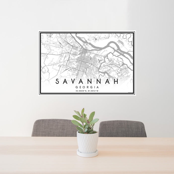 24x36 Savannah Georgia Map Print Landscape Orientation in Classic Style Behind 2 Chairs Table and Potted Plant