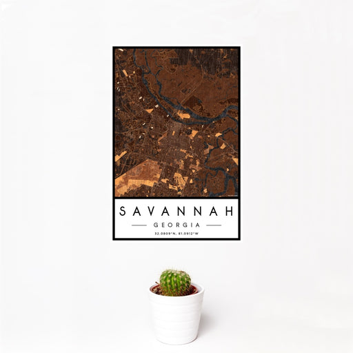 12x18 Savannah Georgia Map Print Portrait Orientation in Ember Style With Small Cactus Plant in White Planter