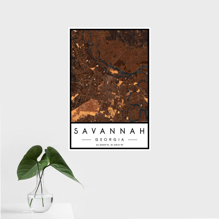 16x24 Savannah Georgia Map Print Portrait Orientation in Ember Style With Tropical Plant Leaves in Water
